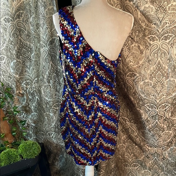 Glamorous One-Shoulder Sequin Dress - Blue and Red - Picture 7 of 12